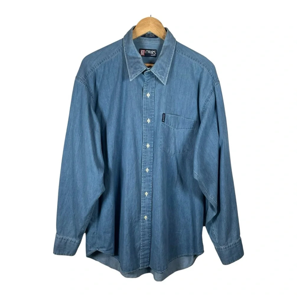 Chaps Ralph Lauren 100% Cotton Button Down Blue Chambray Shirt Men Size XL